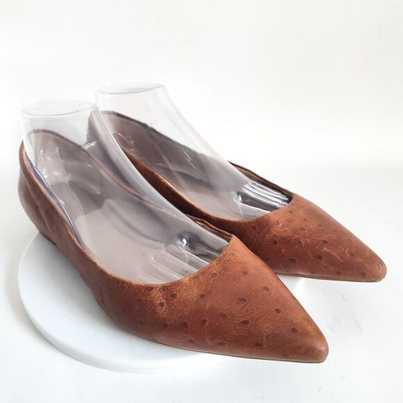 Seychelles Flats Size 10 Leather Pointy Toe Camel Tan Ostrich Embossed Preppy - Picture 1 of 10